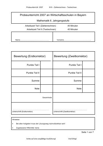 Probeunterricht 6. Klasse Mathematik - Wirtschaftsschule Gester