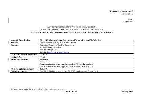 AN-17 A3 P.1 30 May 2007 Airworthiness Notice No. 17 Name of ...