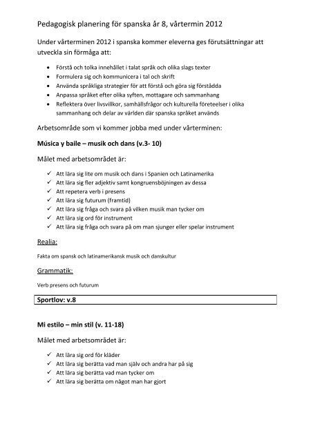 Pedagogisk planering fÃ¶r spanska Ã¥r 8, vÃ¥rtermin 2012