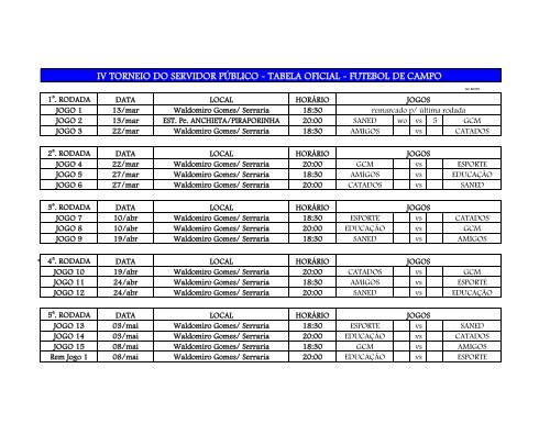 iv torneio do servidor pÃºblico - tabela oficial - futebol de campo