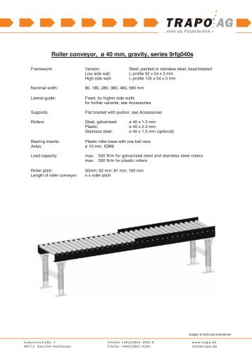 Roller conveyor, ÃƒÂƒÃ‚Â¸ 40 mm, gravity, series 9rfg040s