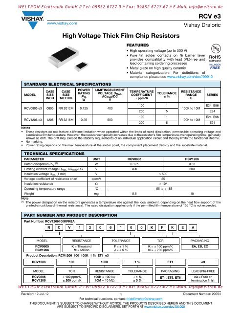 RCV e3 High Voltage Thick Film Chip Resistors - Weltron Elektronik ...