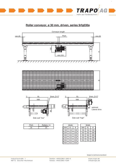 Roller conveyor, ø 30 mm, driven, series 9rfg030a