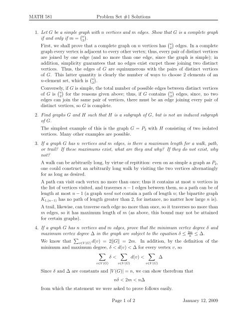 MATH 581 Problem Set #1 Solutions 1. Let G be a simple graph with ...