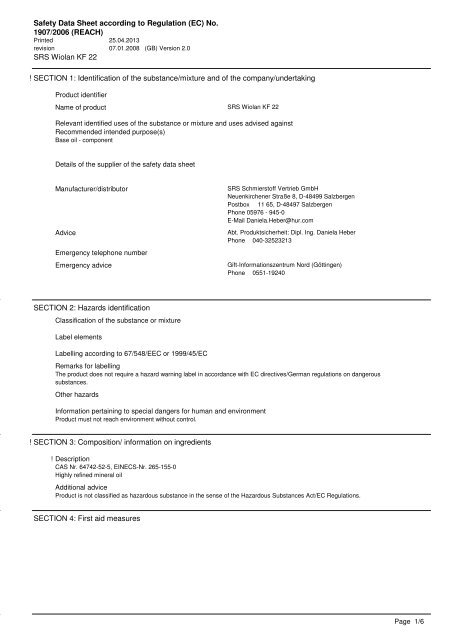 MSDS SRS Wiolan KF 22 - SRS Schmierstoff Vertrieb GmbH