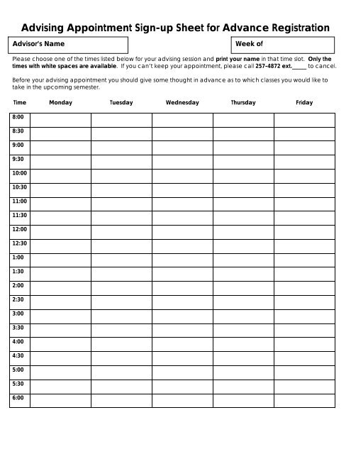 Advising Appointment Sign-up Sheet for Spring Advance Registration