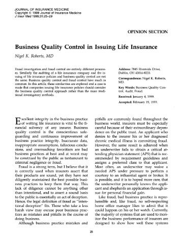 Business Quality Control in Issuing Life Insurance - The American ...