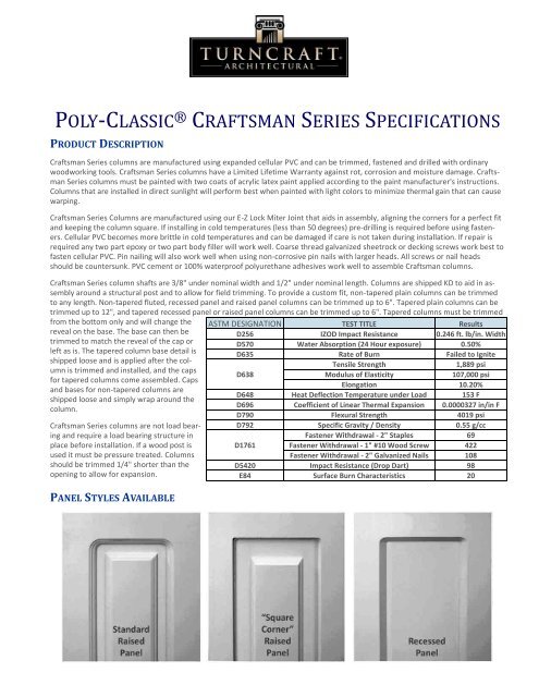 poly-classic ® craftsman series specifications - Turncraft