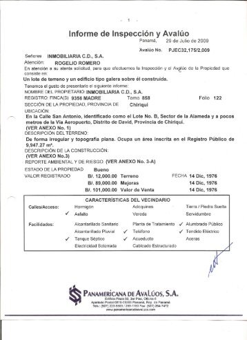 Informe de Inspección y Avalúo - Aventuras Panama, S.A.