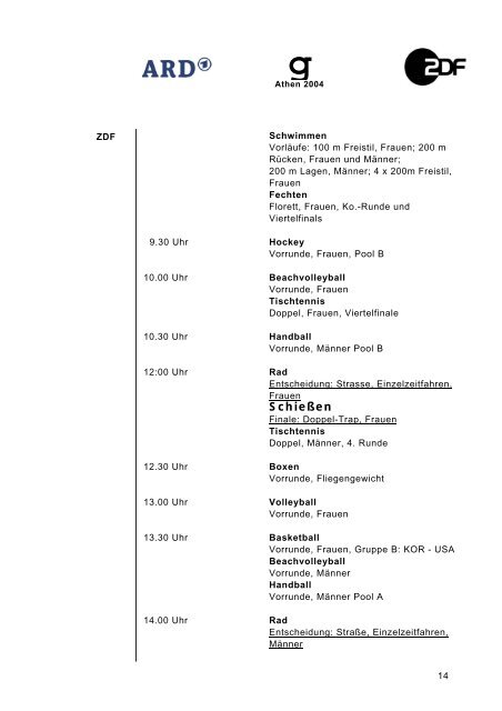 Sendeplan ARD/ZDF Olympische Spiele Athen 2004