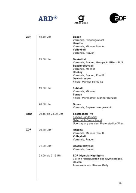 Sendeplan ARD/ZDF Olympische Spiele Athen 2004