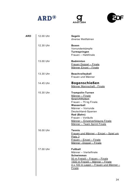 Sendeplan ARD/ZDF Olympische Spiele Athen 2004