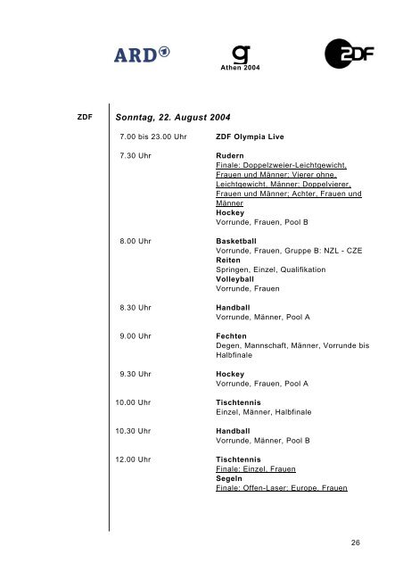 Sendeplan ARD/ZDF Olympische Spiele Athen 2004