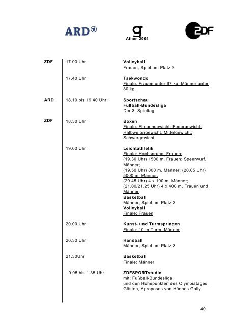 Sendeplan ARD/ZDF Olympische Spiele Athen 2004