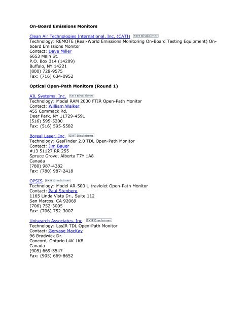 ETV Advanced Monitoring Systems Center Vendor Contacts