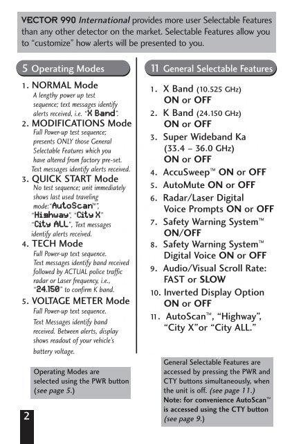 Vector 990 Owner's Manual - Beltronics