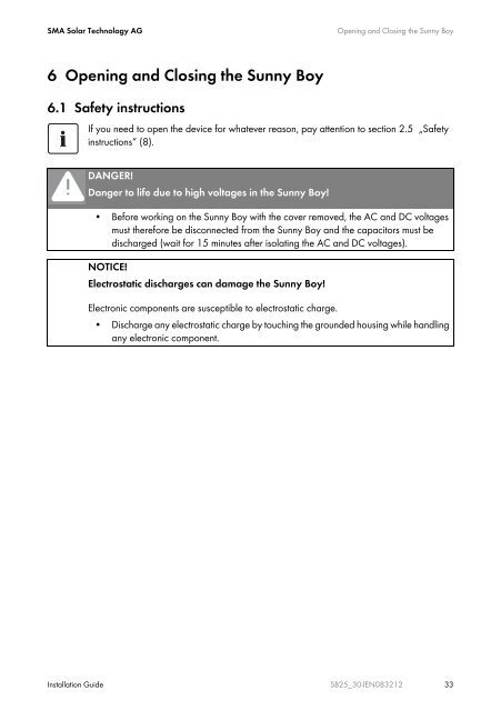 SUNNY BOY 2500 / 3000 - Installation Guide - Sinetech