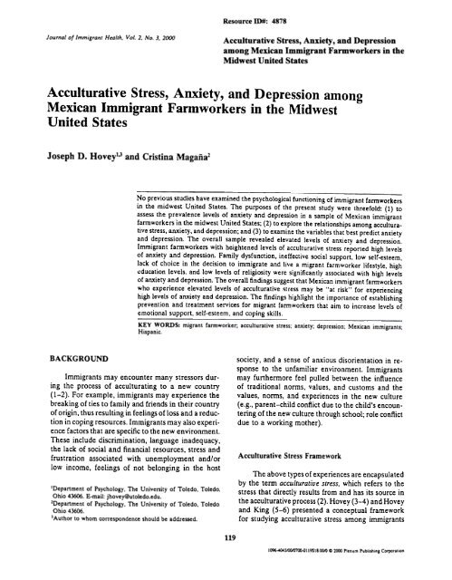 Acculturative Stress, Anxiety, and Depression among Mexican ...