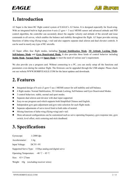 A3 Super Flight Control System User Manual Version 1.0 ... - HiModel