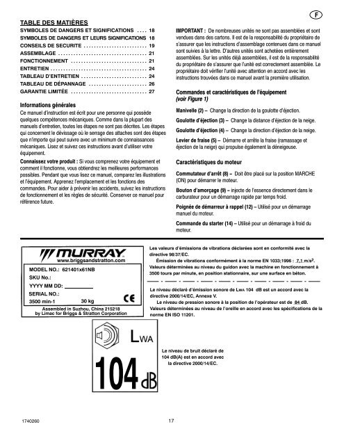 Instruction Book â Snowthrower Model 621401x61NB ... - Technik.sk