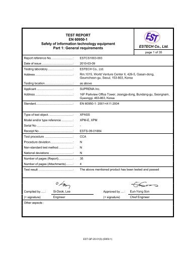 ESTECH Co., Ltd. TEST REPORT EN 60950-1 Safety of ... - Suprema