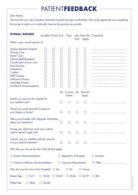 feedback form - Sydney Adventist Hospital