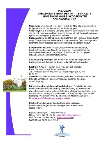 inbjudan utbildning 1 barn den 10 - 12 maj 2013 ... - Friluftsfrämjandet