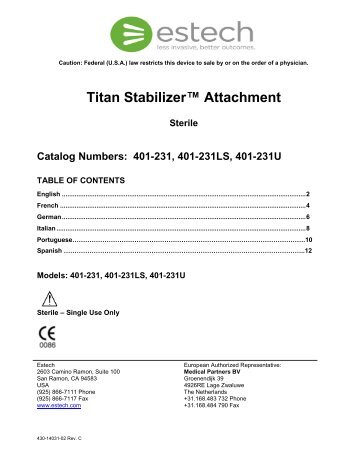 Titan Stabilizer™ Attachment Sterile Catalog Numbers: 401-231 ...