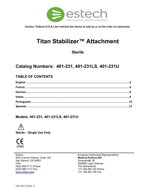 Titan Stabilizer™ Attachment Sterile Catalog Numbers: 401-231 ...
