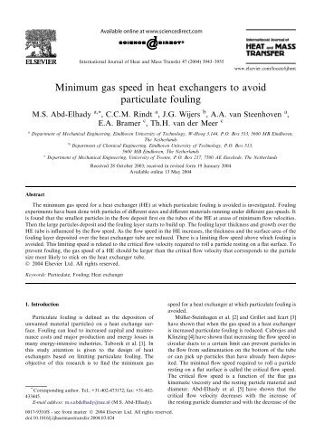 Minimum gas speed in heat exchangers to avoid particulate fouling