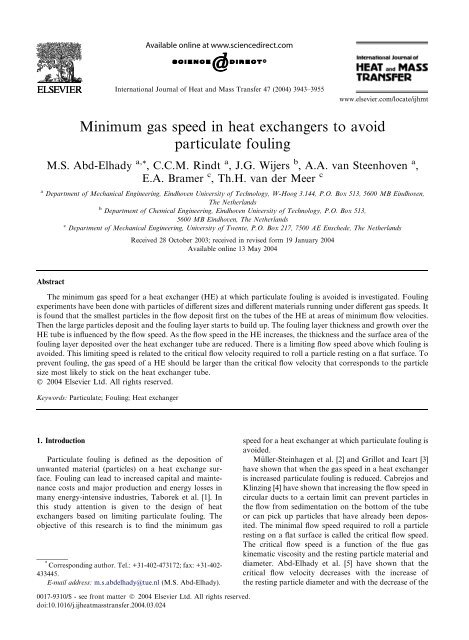 Minimum gas speed in heat exchangers to avoid particulate fouling