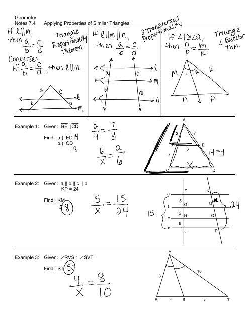 Geometry Notes 7.4 Applying Properties of Similar Triangles ...