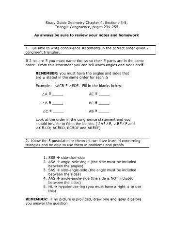 Study Guide Geometry Chapter 4, Sections 3-5, Triangle ...