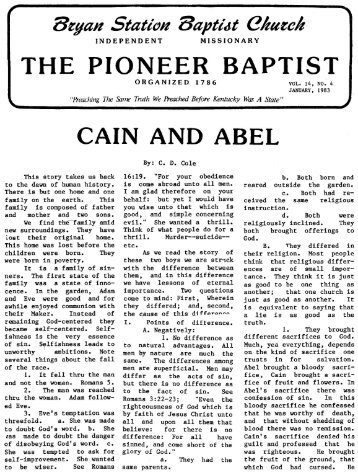 THE PIONEER BAPTIST CAIN AND ABEL - Bryan Station Baptist ...