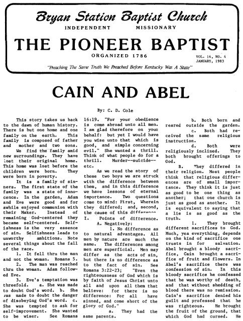 THE PIONEER BAPTIST CAIN AND ABEL - Bryan Station Baptist ...