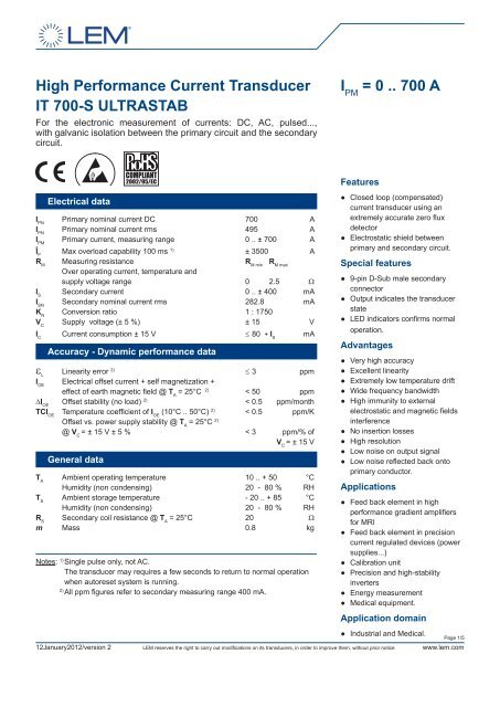 High Performance Current Transducer IT 700-S ULTRASTAB IPM ...