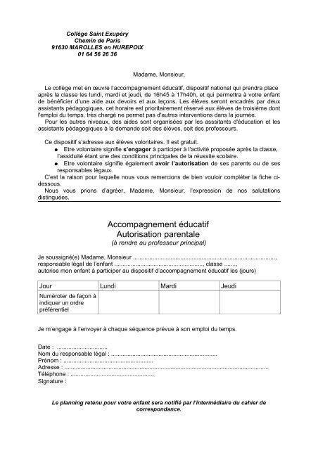 Accompagnement Ã©ducatif Autorisation parentale - collÃ¨ge Saint ...