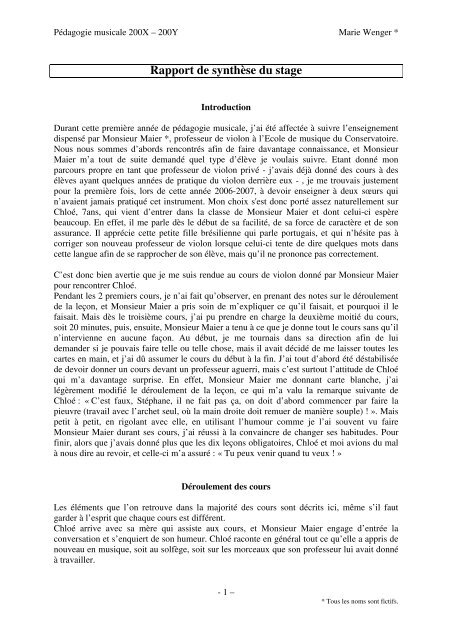 Rapport de synthèse du stage - HEMU