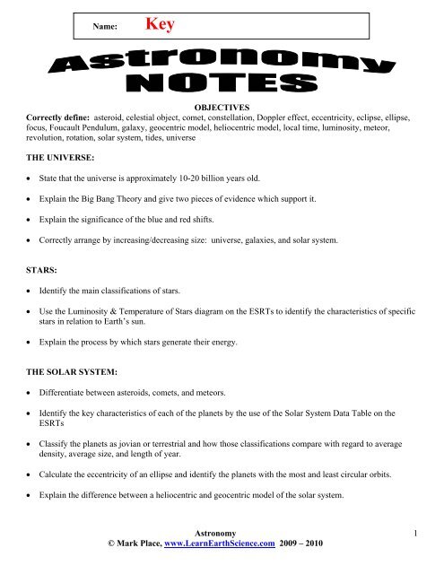 Astronomy Answer Key - Learn Earth Science