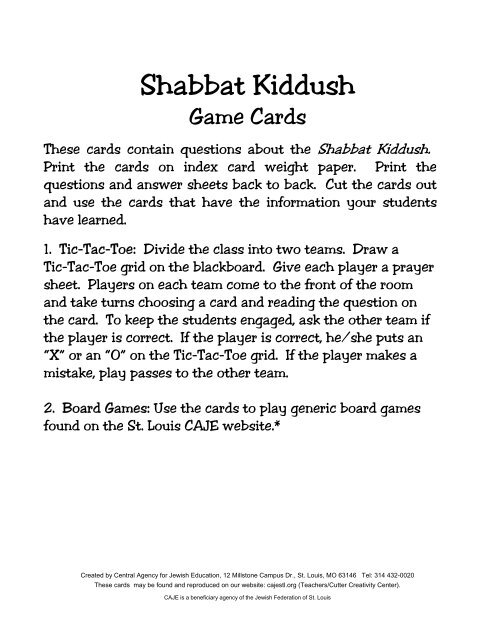 Shabbat Kiddush Questions and Answers Game Cards