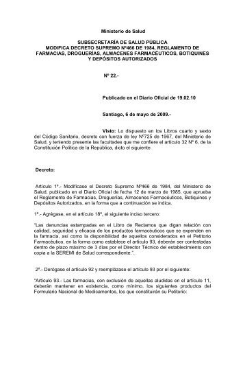 Modifica decreto NÂº 466 de 1984, Reglamento de Farmacias