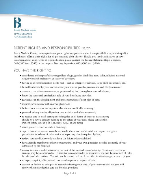 patient rights and responsibilities (12/07) - Beebe Medical Center