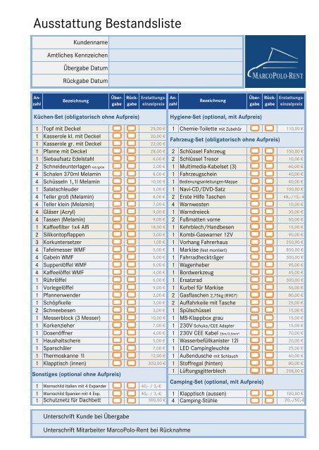 Ausstattung Bestandsliste