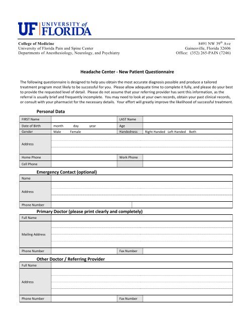 Headache Intake Form - UF Pain Medicine / Management