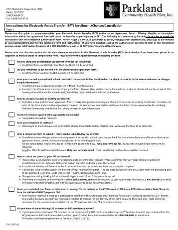 (EFT) Authorization Form - Parkland Community Health Plan, Inc.