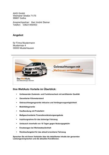 Deckblatt Angebot WeltAuto - AHG
