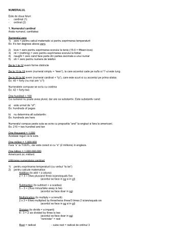 NUMERALUL Este de doua feluri: - cardinal (1) - ordinal (2) 1 ...