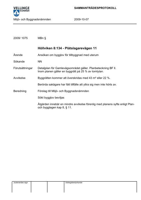 MiljÃ¶- och ByggnadsnÃ¤mnden Tid Plats Ãrende - Vellinge kommun