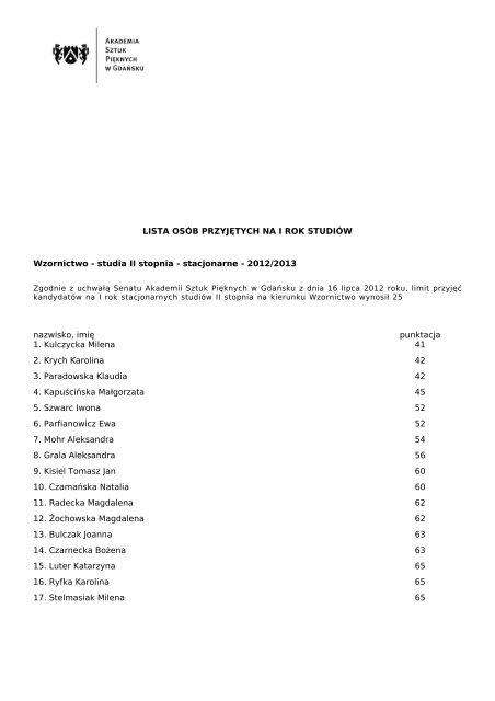 studia II stopnia - stacjonarne - 2012/2013 nazwisko, imię punktacja 1.
