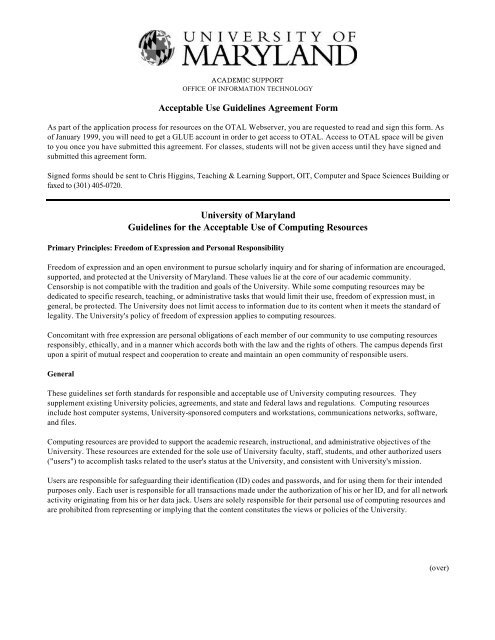 Acceptable Use Guidelines Agreement Form University Of Maryland